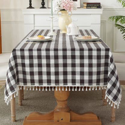 Laolitou Checkered Tablecloth Rectangle Washable Halloween Buffalo Plaid Table Cloth with Tassel Cotton Linen Gingham Table Cover for Picnic Kitchen Dining Room, Black and White, 70 Inch