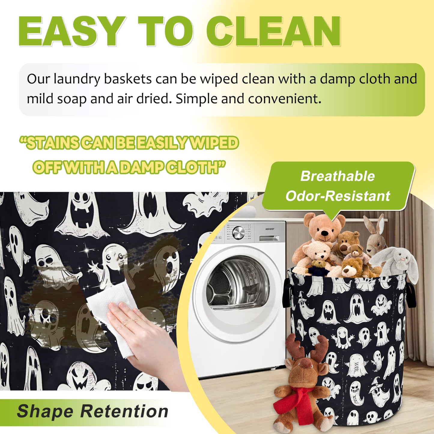 Cute Ghost Laundry Basket Funny Spooky Foldable Waterproof Oxford Cloth Tote Bag Laundry Hamper Round Large Clothes Storage Bucket Organizer For Bathroom/Laundry Storage/Bedroom 18.9x16.5 Inch