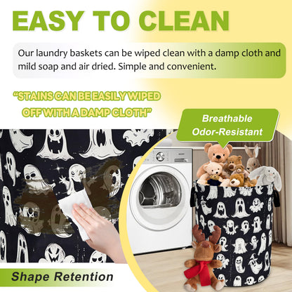 Cute Ghost Laundry Basket Funny Spooky Foldable Waterproof Oxford Cloth Tote Bag Laundry Hamper Round Large Clothes Storage Bucket Organizer For Bathroom/Laundry Storage/Bedroom 18.9x16.5 Inch