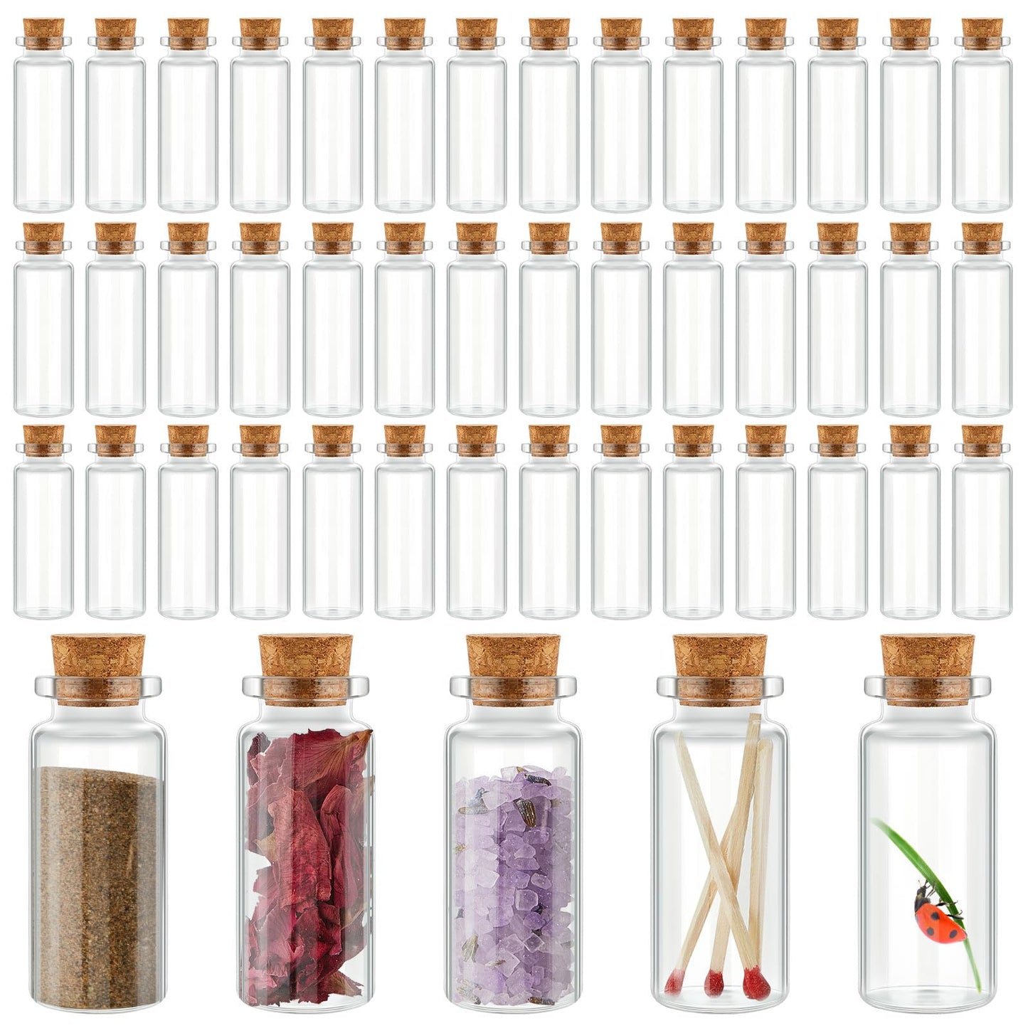 Gerrii 100 Pcs 40 ml Mini Glass Bottles with Wood Cork Stoppers, Mini Potion Glass Vials Small Clear Bottles Wishing Message Spell Tiny Jars Sand Art for Halloween Decoration Wedding DIY Favor