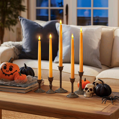 Homemory 12 Pcs Flameless Taper Candles with Remote Timer Dimmer, 11 inches Orange Taper Candles Battery Operated, Plastic LED Candlesticks with Flickering Flame for Halloween Decoration