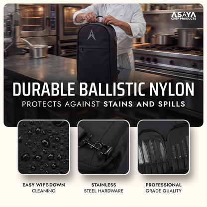 Asaya Chef Knife Sling Bag - 29 Pockets for Knives and Kitchen Utensils - Business Card Holder and Lock - Water Resistant and Durable Ballistic Nylon Backpack for Chefs