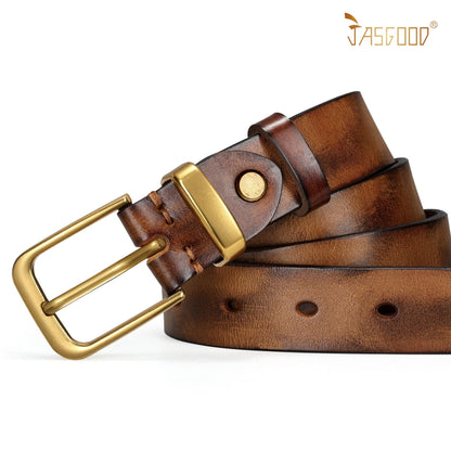 JASGOOD Women Belt Genuine leather Belt with Gold Buckle,Ladies Full Grain Leather Belt for Jeans Pants,Brown