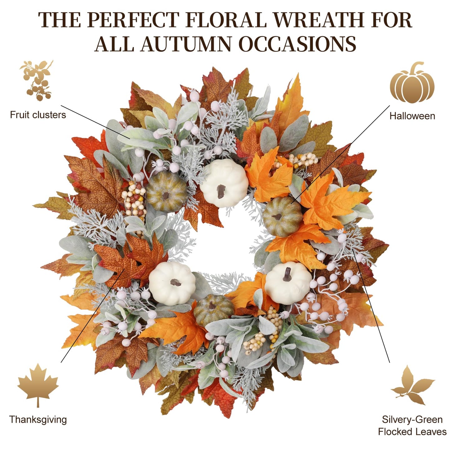 MAINGKAUNG Artificial Fall Wreath 22 Inch Fall Wreaths for Front Door with White Pumpkins Oeange Maple Leaves Lamb's Ear and Berries Autumn Wreath Thanksgiving Harvest Wreath for Festival Wall Porch