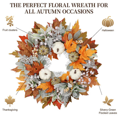 MAINGKAUNG Artificial Fall Wreath 22 Inch Fall Wreaths for Front Door with White Pumpkins Oeange Maple Leaves Lamb's Ear and Berries Autumn Wreath Thanksgiving Harvest Wreath for Festival Wall Porch