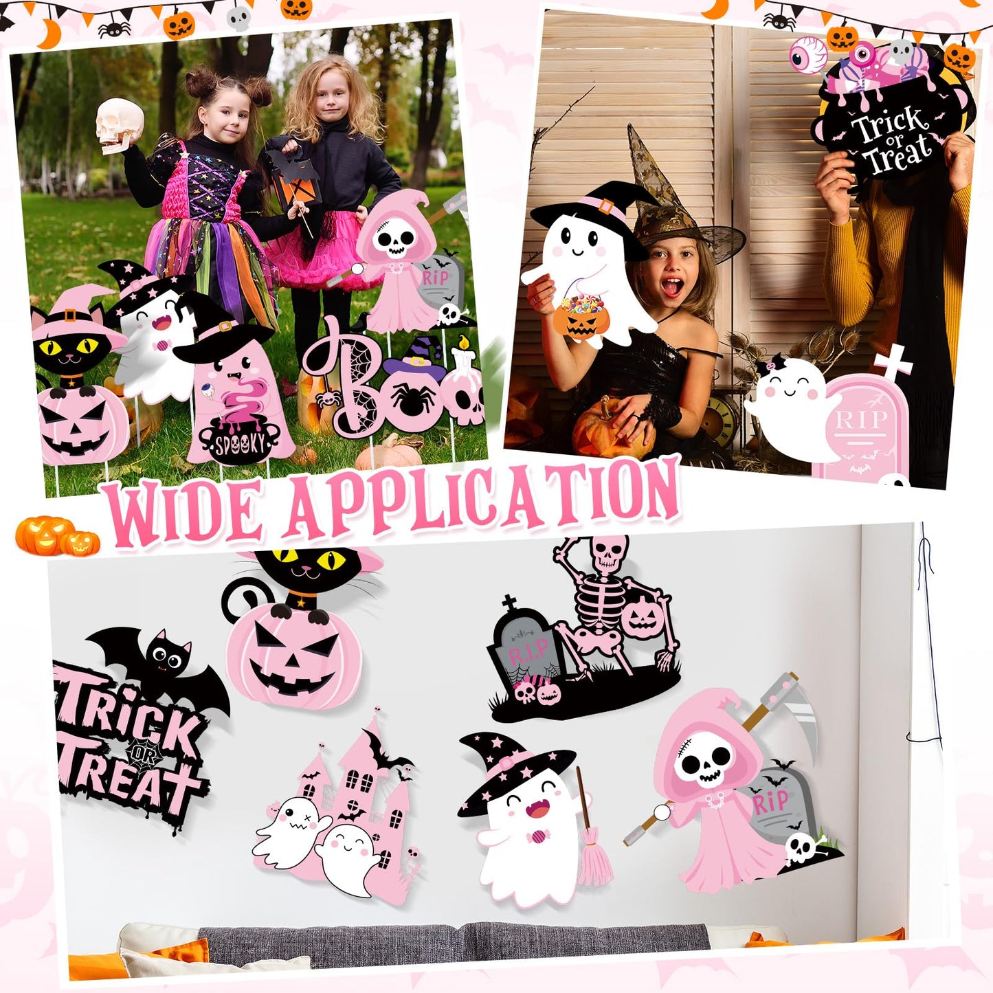 Huwena 12 Pcs Pink Halloween Decorations Cute Halloween Baby Shower Yard Stakes Spooky Pumpkin Cat Ghost Witch Garden Signs with Stakes for Halloween Happy Boo Party Lawn Patio Outdoor