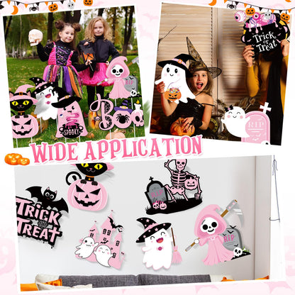 Huwena 12 Pcs Pink Halloween Decorations Cute Halloween Baby Shower Yard Stakes Spooky Pumpkin Cat Ghost Witch Garden Signs with Stakes for Halloween Happy Boo Party Lawn Patio Outdoor