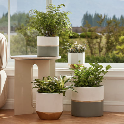 LA Jolie Muse White Ceramic Flower Pot Garden Planters 6.7 Inch Pack 2 Indoor Plant Containers with Gold and Grey Detailing
