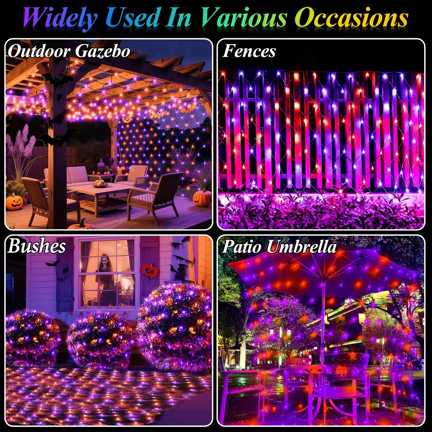 Lovelite 510LED Halloween Net Lights, 28ft x 5ft Outdoor Mesh Lights Purple Orange Clear Wire, 8 Modes & Timer, Waterproof Connectable String Lights for Bushes Xmas Tree Garden Holiday Party