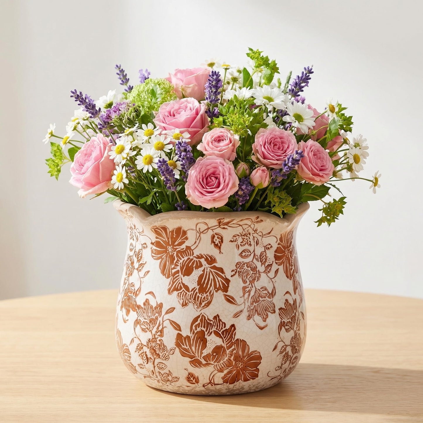 behen bahen Vintage Ceramic Planter Pot with Drainage Holes, Green Floral Design, 6.11 Inch, Distressed Tuscan Style, Indoor Plant Pot and Vase (Red Flower)