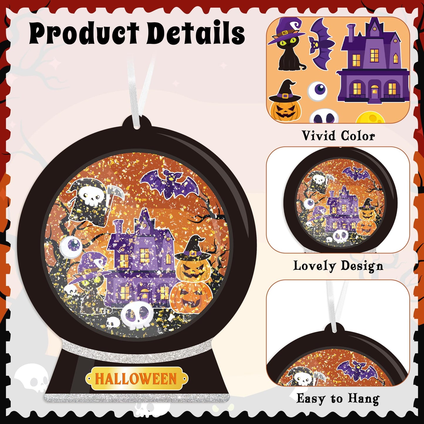 WATINC Halloween Snow Globe Craft Kit - DIY EVA Ghost Pumpkin Scene Crystal Ball Hanging Ornament with Glitter Sequins Sugar Paper, Trick-or-Treat Skeleton Black Cat Party Favor for Home School(24Pcs)