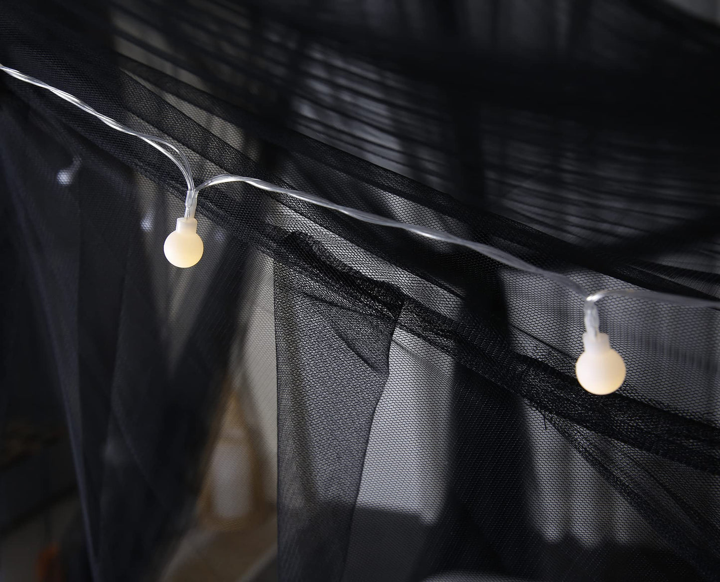 Mengersi Canopy Bed Curtains with Lights,Elegant Bed Canopy Curtains Bed Netting for Full Queen King Size Bed,Halloween Decoration,Gothic Black Room Decor Aesthetic
