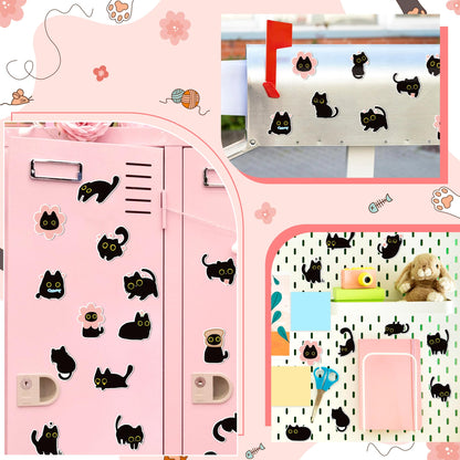 MALLMALL6 24Pcs Cute Black Cat Fridge Magnets, Novelty Gift for Cat Lover, Spring Refrigerator Magnetic Sticker Decor Accessories with Flower Bread Fish for Home Kitchen Office Locker Mailbox Door