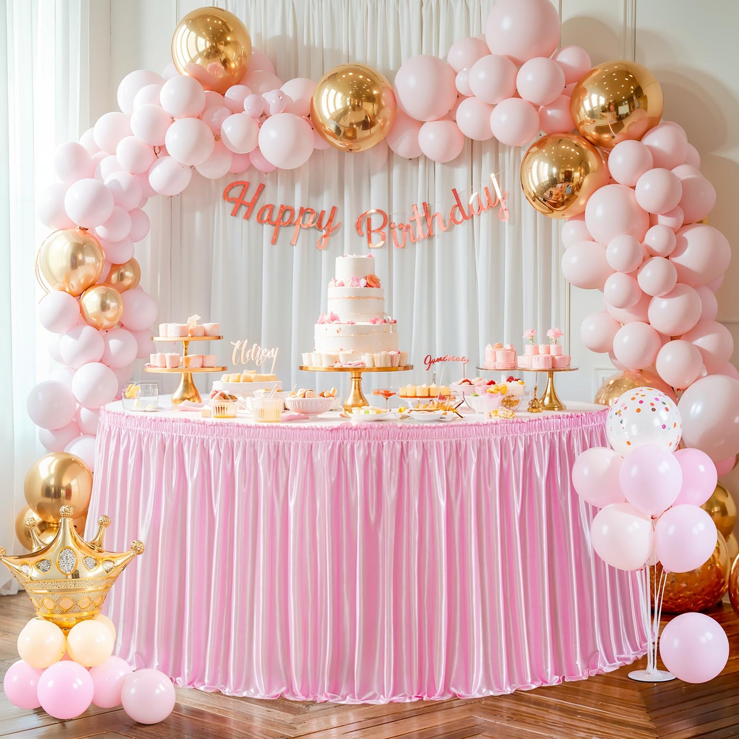 Wish Care 6ft Pink Satin Table Skirt for Rectangle Tables Wrinkle Free Glitter Desk Skirts Pleated Ruffle Table Cloth for Girls Birthday Baby Shower Theme Party Wedding Cake Table Skirting Decorations