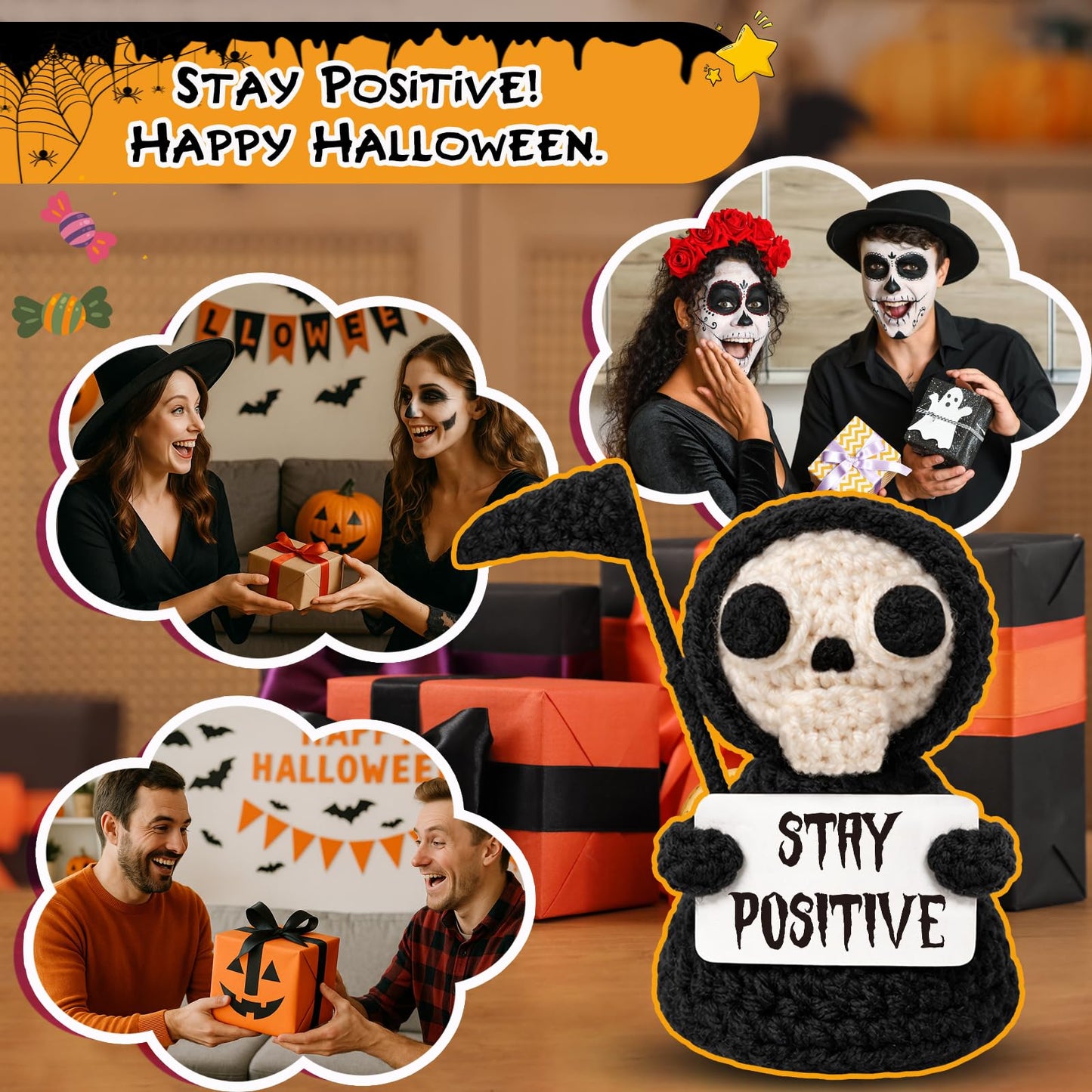 Funny Gothic Grim Reaper Crochet Plush - Spooky Cute Office Decor & Dark Humor Gift - Stay Positive Sarcastic Easter Basket Stuffers Egg Fillers Essentials for Coworker Friend White Elephant Adult