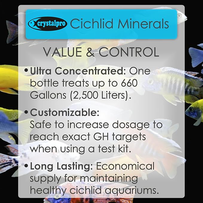 Crystalpro Cichlid Minerals 4.22 Oz - Mineral Additive for Cichlids Replenishes Protective Coat Improves Respiration and General Health Freshwater Aquarium Salt (125 ml) Treats 660 Gallons