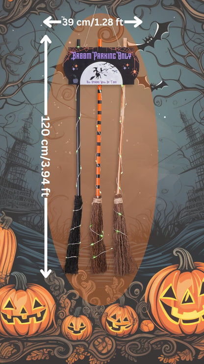 Halloween Decorations with Broom Parking Only Sign - Witch Halloween Theme - Porch Decor - Decorations with Three Witch Broomstick - Wall Decor with Lights