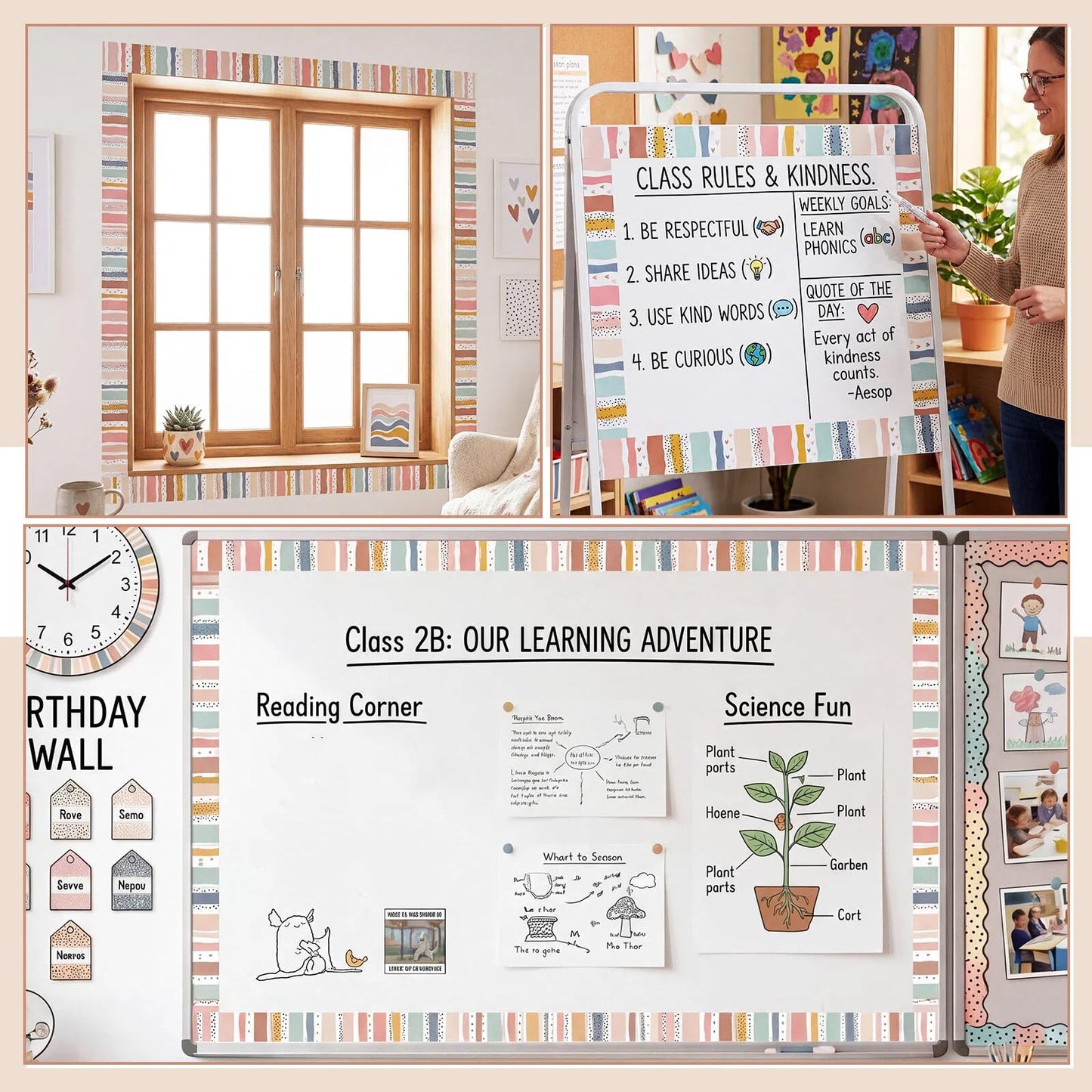 Tenceur 48 ft x 2.76 Inch Magnetic Borders for Whiteboard Decoration, Boho Polka Dots Stripes Magnetic Bulletin Board Border Set for Summer Classroom Office Chalkboard Poster Board Decor