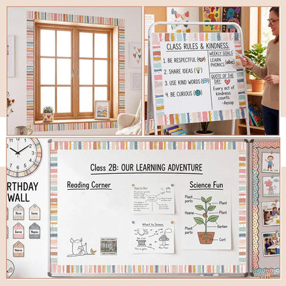 Tenceur 48 ft x 2.76 Inch Magnetic Borders for Whiteboard Decoration, Boho Polka Dots Stripes Magnetic Bulletin Board Border Set for Summer Classroom Office Chalkboard Poster Board Decor