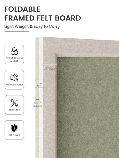 Fluxynara Foldable Cork Board Alternative, Felt Bulletin Board 35.4" x 23.6" Oatmeal Frame with 24 Adhesive Tabs, Pin Board for Home Office, Classroom, Entryway, Kitchen Wall Decor—Sage