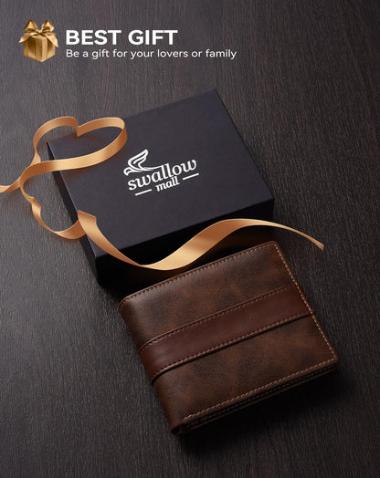Swallowmall Genuine Leather RFID Wallet for Mens, Mens Bifold Wallet with 16 Card Holder 1 ID Window Gift for Him