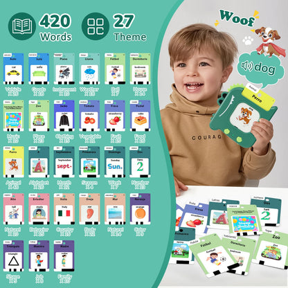 Spanish & English 420 Words Bilingual Talking Flash Cards for Toddlers 1 2 3 4 5 6 Year Olds, Montessori Learning Toys, Pocket Speech Therapy Autism Toys, Sensory Preschool Educational Birthday Gift