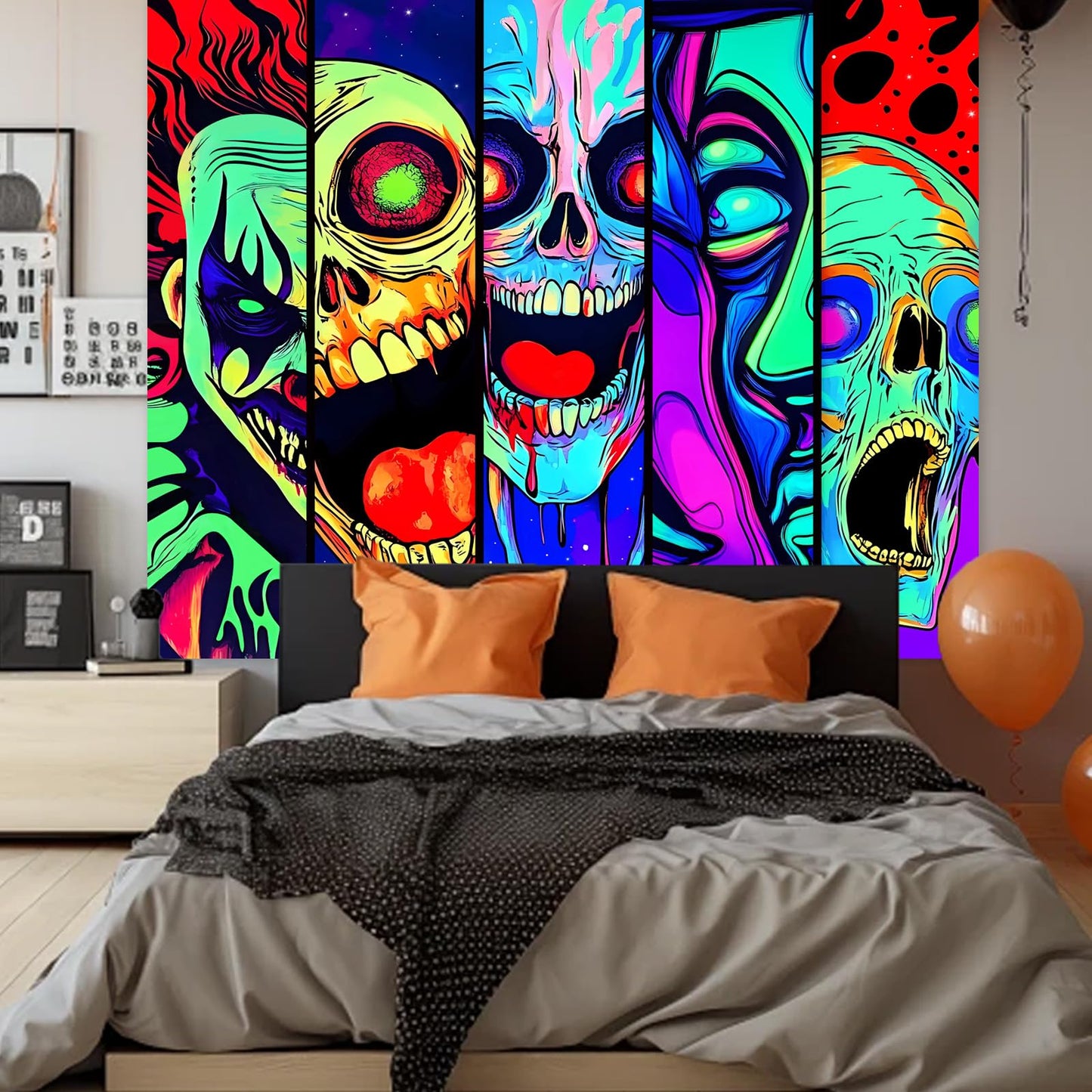 Apdidl Blacklight Halloween Horror Decor Tapestry for Bedroom, Black Light Posters Skull Face Scary Skeleton Funny Wall Art Tapestries，UV Reactive Glow in The Dark Party Wall Hanging for Living Room 60"X79"