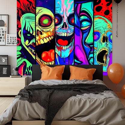 Apdidl Blacklight Halloween Horror Decor Tapestry for Bedroom, Black Light Posters Skull Face Scary Skeleton Funny Wall Art Tapestries，UV Reactive Glow in The Dark Party Wall Hanging for Living Room 60"X79"