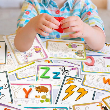 Ireer 36 Pcs Alphabet & Weather PlayClay Mats for Kids Activity Card for Clay Preschool Number Alphabet Animal Shape Learning Activity Games for Classroom Home Educational Supplies