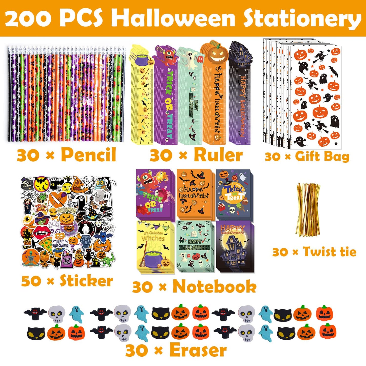 WOONOO 200PCS Halloween Party Favors for Kids Stationery Set, 30 PACK Assorted Halloween Goodie Bag Stuffers, Bulk Halloween Treats Bags for Trick or Treat Pencils Erasers Rulers