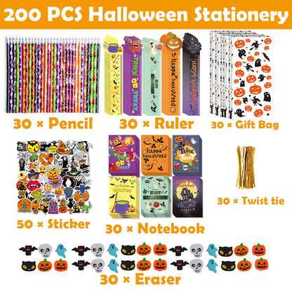 WOONOO 200PCS Halloween Party Favors for Kids Stationery Set, 30 PACK Assorted Halloween Goodie Bag Stuffers, Bulk Halloween Treats Bags for Trick or Treat Pencils Erasers Rulers
