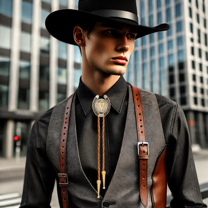 HLYMPONY Bolo tie for Men Western Cowboy Brown Leather Necktie Gold Initial Letter ABCDJMR to Z Bolo ties for Women (V)