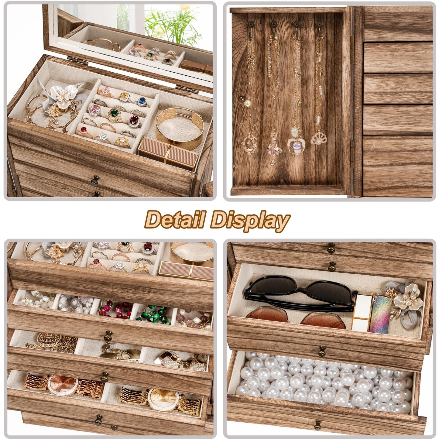 Emfogo Wooden Jewelry Box for Women, 6-Tier Large Jewelry Organizer Boxes with Mirror Rustic Solid Wood jewlery Storage Display for Rings Earrings Necklaces Bracelets watches(Carbonized Black)