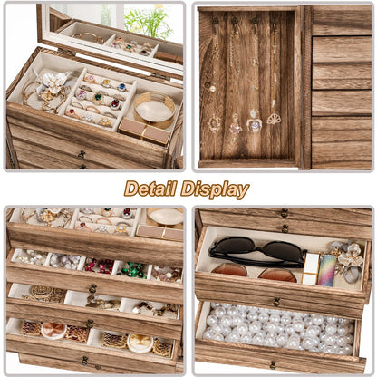 Emfogo Wooden Jewelry Box for Women, 6-Tier Large Jewelry Organizer Boxes with Mirror Rustic Solid Wood jewlery Storage Display for Rings Earrings Necklaces Bracelets watches(Carbonized Black)
