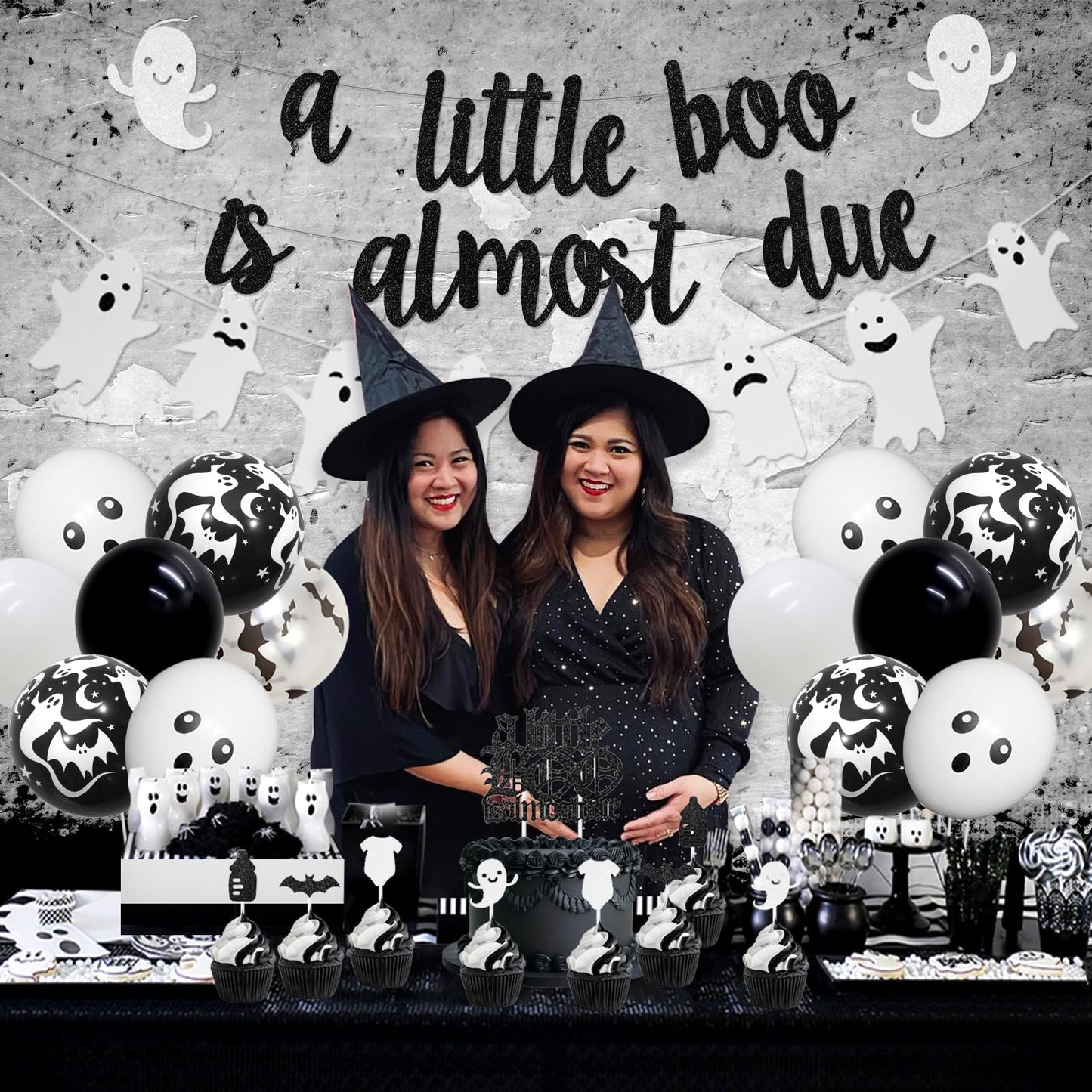 Balterever a Little Boo is Almost Due Baby Shower Decoration Black White Halloween Baby Shower Decor with a Little Boo is Almost Due Banner Garland Cupcake Cake Topper for Halloween Gender Reveal