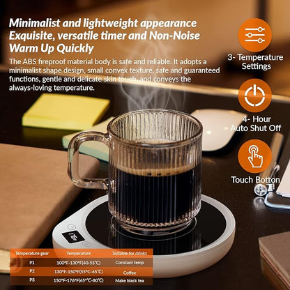Mug Warmer, Upgrade Coffee Warmer & Cup Warmer for Desk with 3 Temperature Settings, More Hot Coffee Mug Warmer with Timer & 4H Auto Shut Off for Keep Best Flavor for Cocoa, Tea, Water, Milk, Black