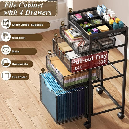 Rolling File Cart with 4 Storage Drawers, Under Desk Organizer with DIY Divider, Moblie Filing Cabinet on Wheels, Fits A4/Letter Size, Metal Utility Cart for Home Office, Black
