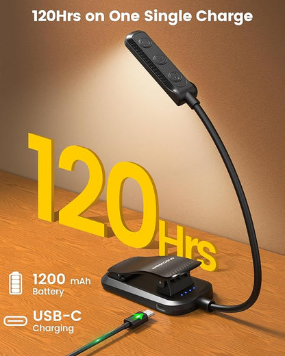 Glocusent 13 LEDs Book Lights for Reading at Night, 120 Hrs Runtime Rechargeable Reading Light, Eye Caring 3 Colors & 5 Stepless Dimming Brightness 3–60LM, Flexible Clip on Light for Book Lovers Kids