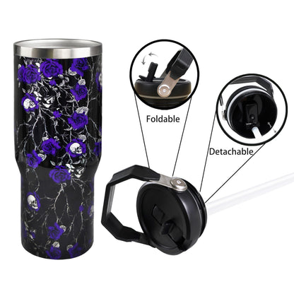 30oz Halloween Tumbler with Handle and Straw, Goth Floral Skull Insulated Tumbler, Leak Proof Travel Coffee Mug, Reusable Stainless Steel Skull Tumbler, Halloween Gifts for Women (black purple)
