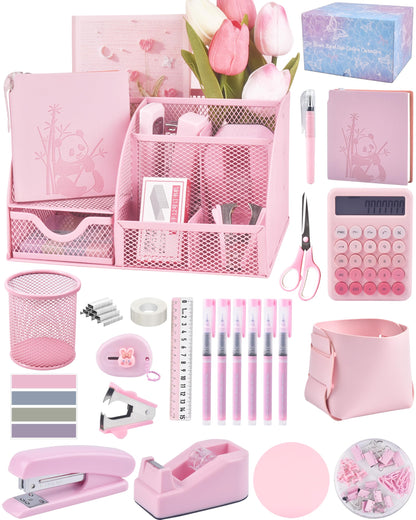 23pc Pink Desk Accessories and Organizers with Mesh Organizer Stapler Tape Dispenser Calculator and a Lot of Office Pink Office Supplies Beautifully Presented in a Gift Box