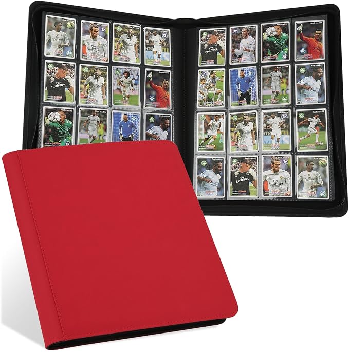 16 Pocket Ringless Side Loading Trading Card Binder, 1024 Cards PU Fixed Page Zipper Card Album for TCG Sports Game Cards, Not Fit Top Loaders (Red)