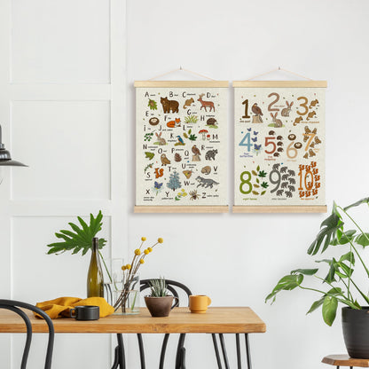 BCUANGD Alphabet Educational Wall Decor - Neutral Woodland Animals Poster Hanger with Wood Frames Set of 2, Kids ABC Numbers Wall Hanging Canvas Decor for Home Playroom Kids Room, 12x16 Inches