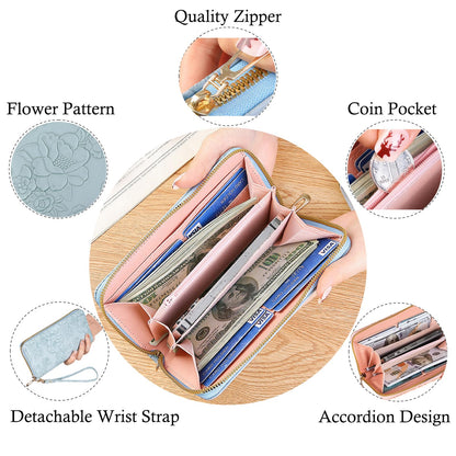 Bakurok Womens Wallet RFID Wristlet Wallet for Women Cute Floral Leather Credit Card Holder Wallet Ladies Clutch Long Purses