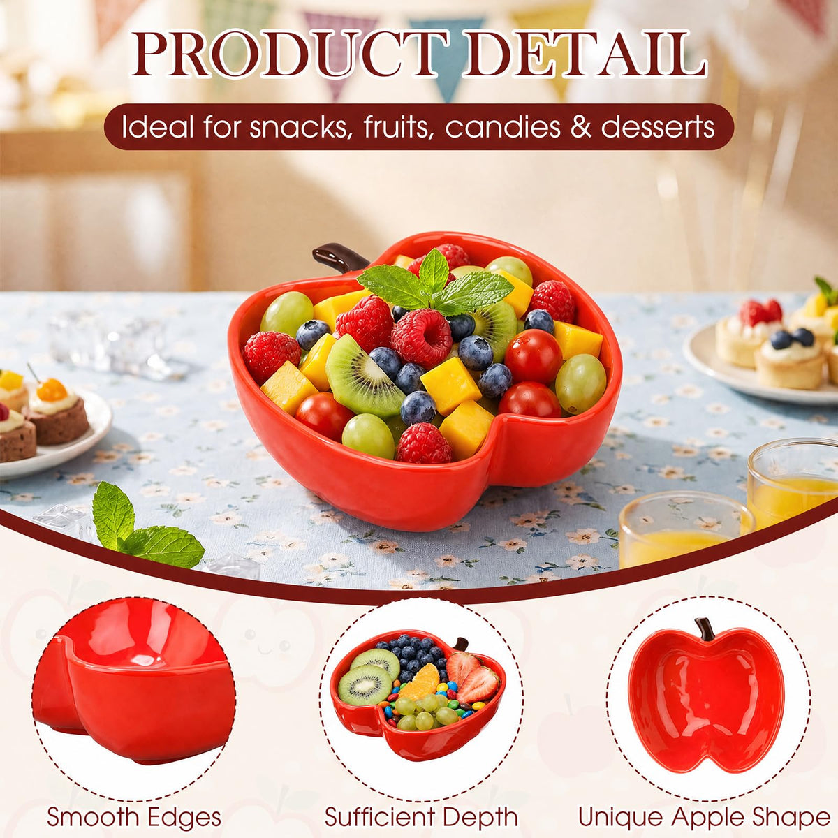 Jinei 2 Pcs Red Apple Shaped Ceramic Bowl Set Cute Snack & Fruit Bowls Back to School End of Year Teacher Appreciation Gift Serving Dish for Dorm Kitchen Counter Party Table Decoration
