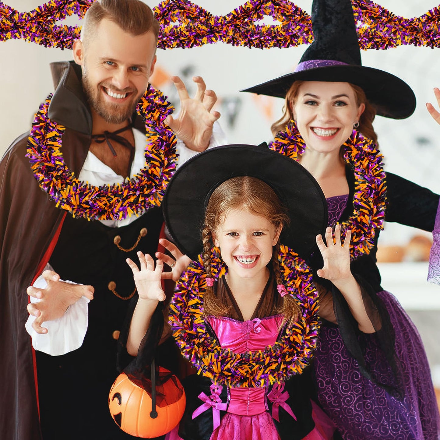 Lairyan 50FT Halloween Tinsel Garland Decorations, Shiny Orange Black Purple Metallic Twist Hanging Garland for Home Tree Stairs Indoor Outdoor Halloween Party Decorations