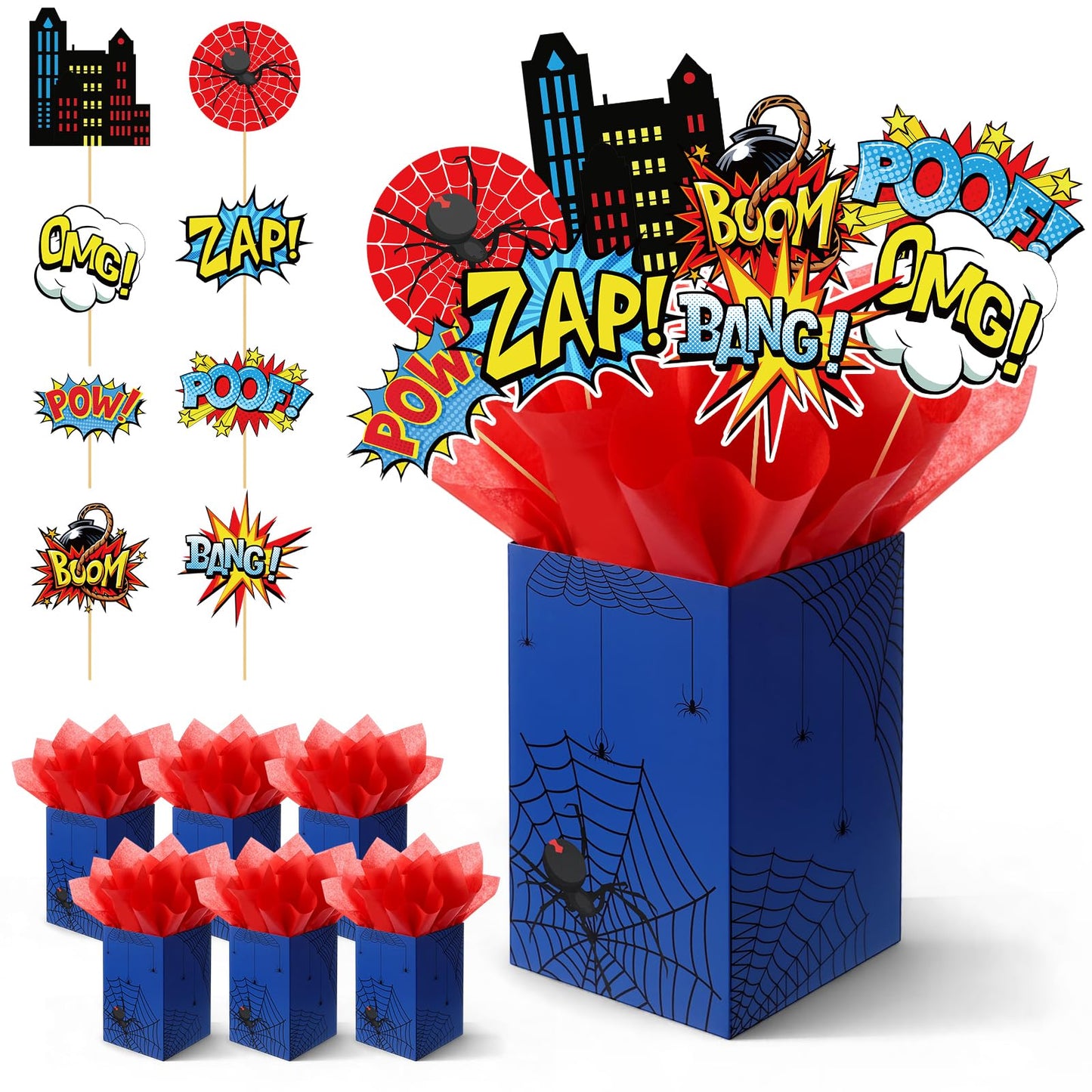 MotiMind 6 Sets 74 Pcs Spider Party Centerpieces Spider themed Party Decorations Table Toppers with Box Circus Sound Effect Cutouts and Sticks Tissue Paper for Baby Shower Birthday Decor