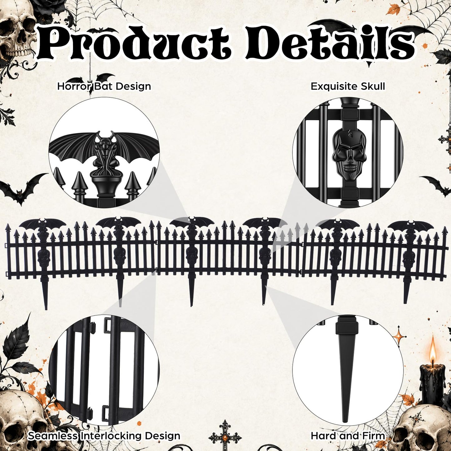 Sintuff 6 Pack Halloween Garden Fence Decoration, 18.5" x 12" Spooky Bat and Skull Decorative Plastic Fence Panel, Gothic Outdoor Yard Prop for Graveyard Scene Path Borders Haunted House Party Decor