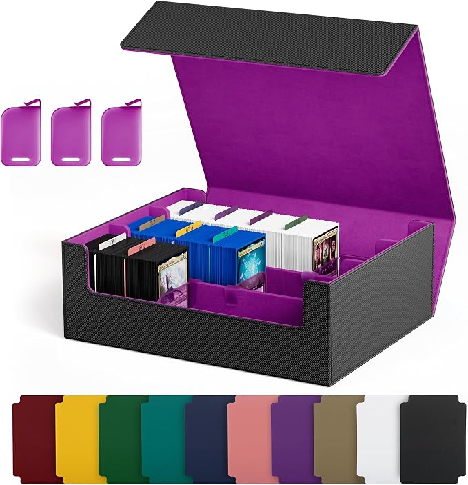 UAONO Trading Card Storage Box, Holds 1800 Sleeved Cards with 10 Dividers & 3 Stoppers, Magnetic Closure PU Leather Card Case for MTG, PTCG, YGO, Sports Cards (Black&Purple)