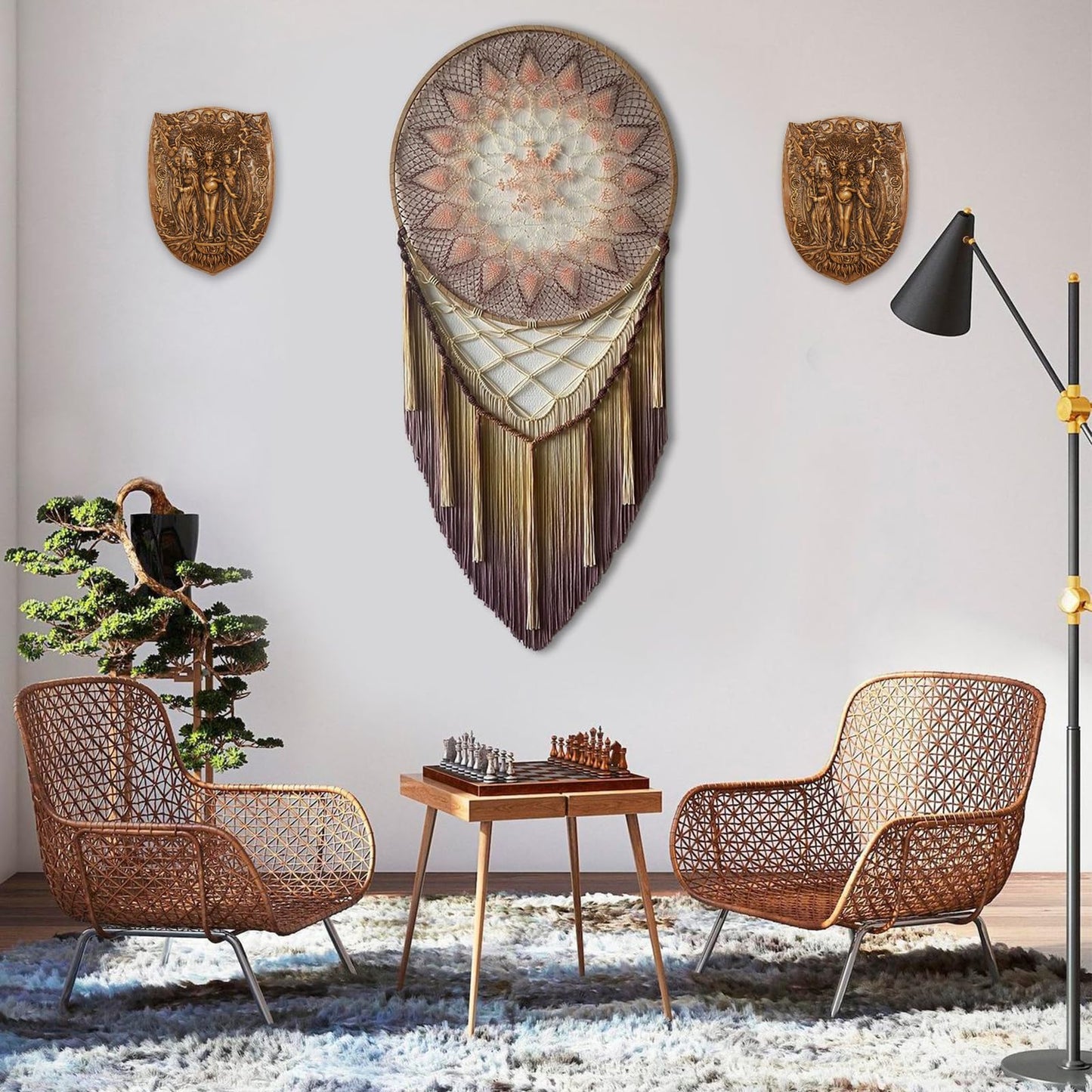 Pinra Triple Moon Wall Decor Pagan Wiccan Triple Goddess Maiden Mother Crone Shield Statue Celtic Wall Art Irish Feminism Gods Hanging Shield Wall Plaque Sculpture Khaki