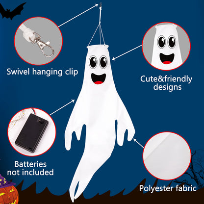 3PCS 43 Inch Halloween Lighted Hanging Ghost Windsocks Hanging Decorations for Tree, Fall LED Flag Wind Socks for Home Yard Outdoor Autumn Decor Party Supplies (Batteries Not Included,No Timer)